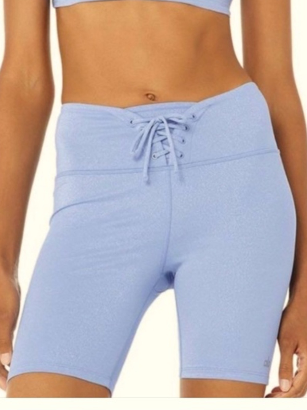 Alo Yoga Blue Metallic Sparkle Lace Up Stretch Biker Shorts Sz. S